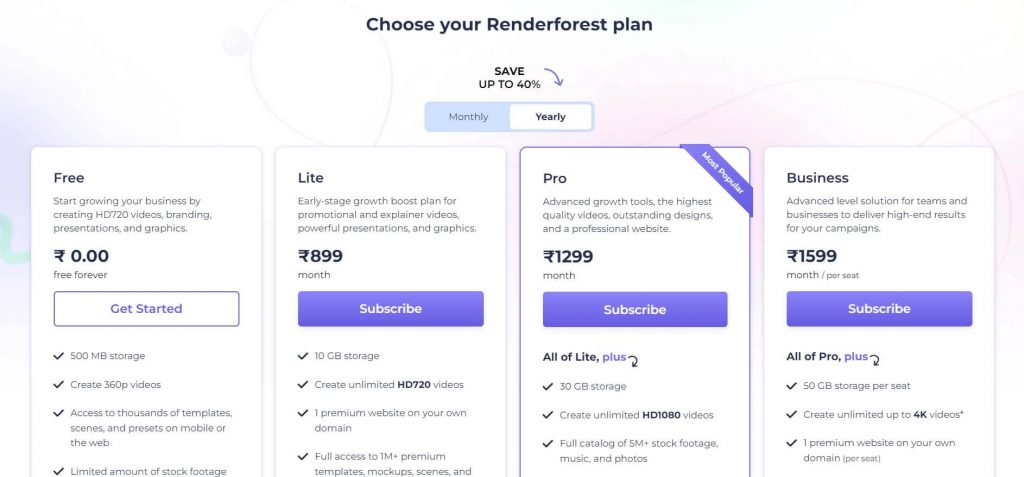Pricing structure of Renderforest