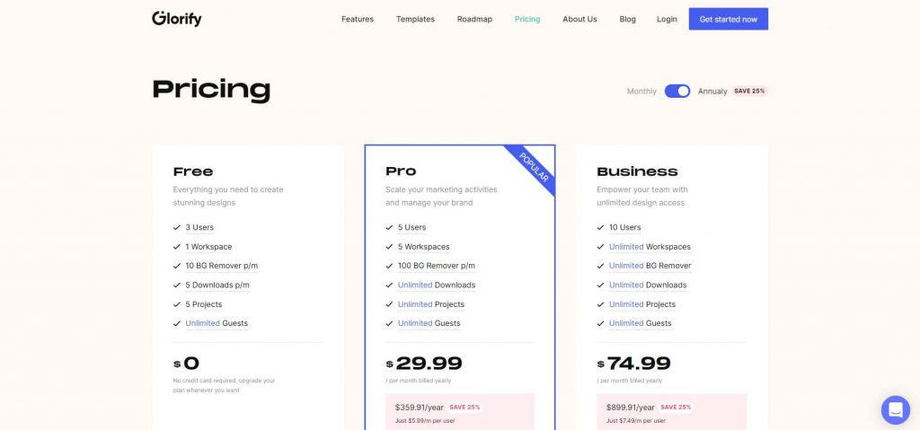 Pricing plans of Glorify
