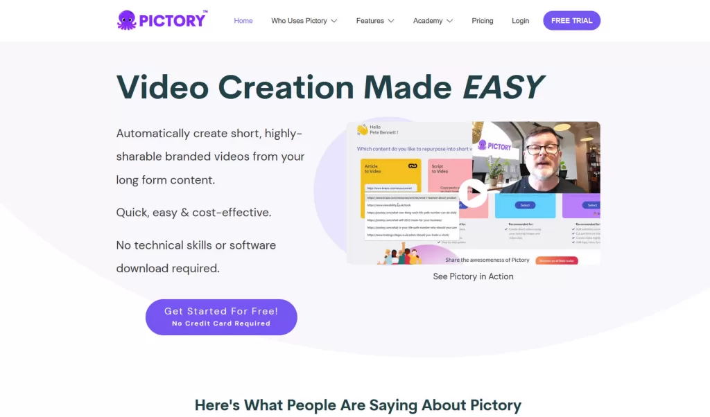 Landing page of Pictory