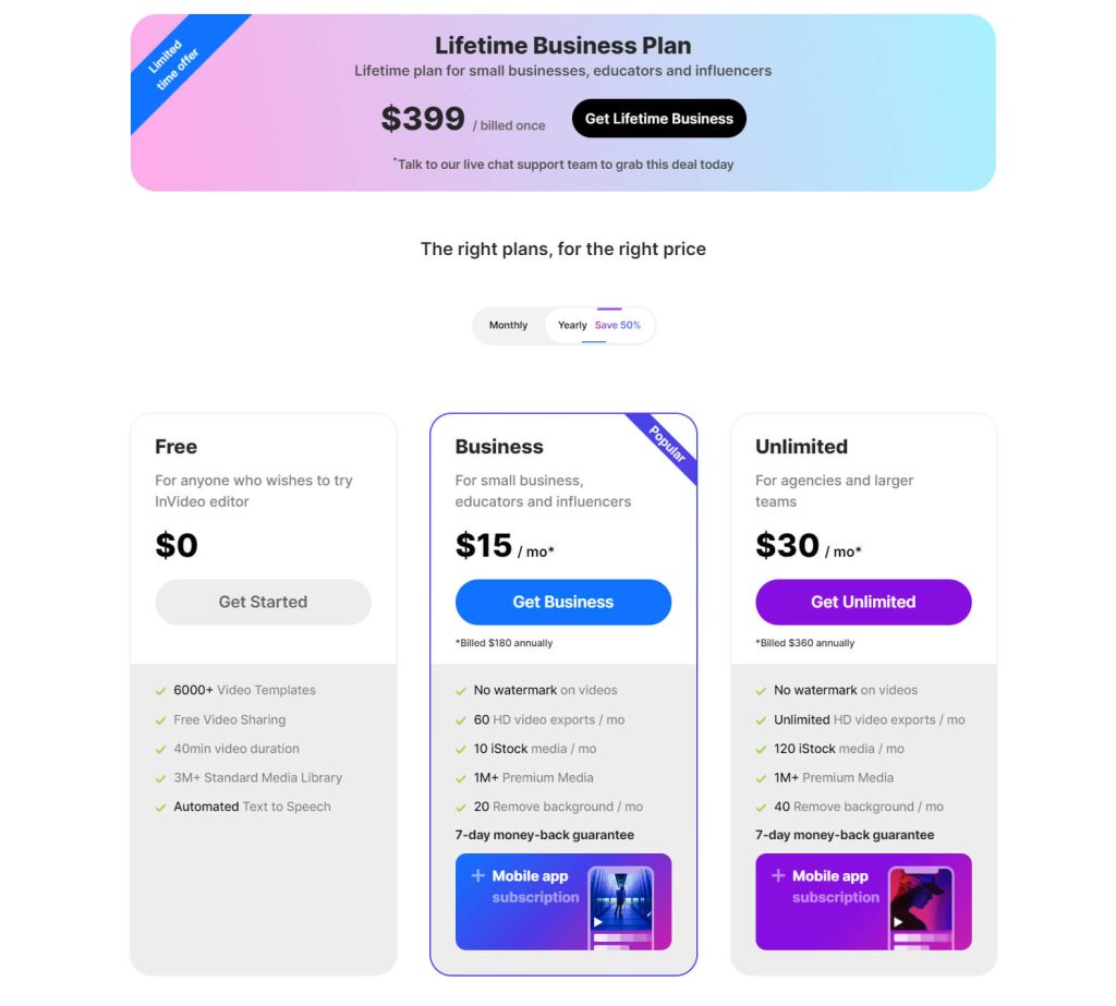 Invideo's pricing plans
