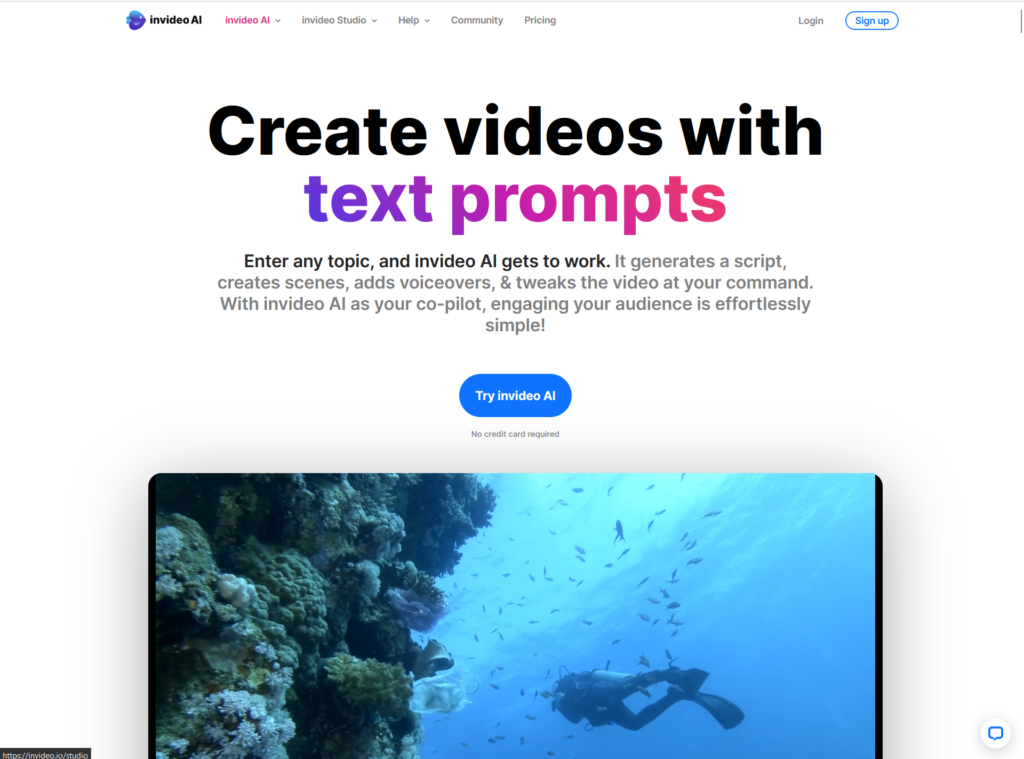 Invideo's landing page hero section
