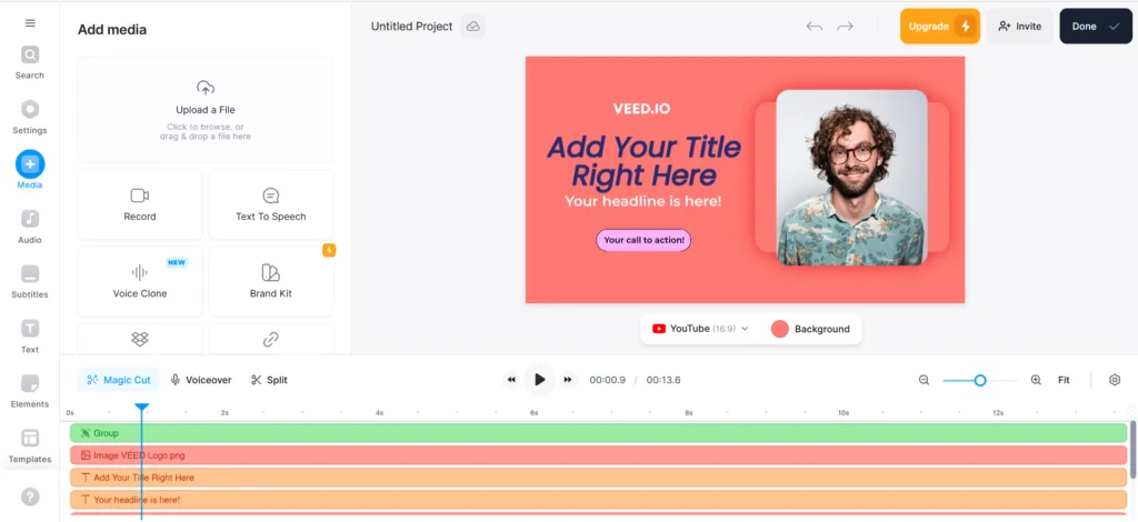 User interface of Veed.io - ai powered video editing and generating tool