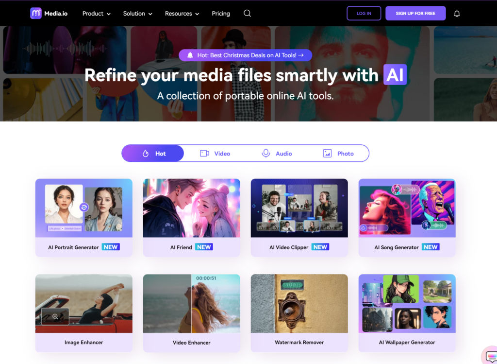 Media.io landing page hero section.