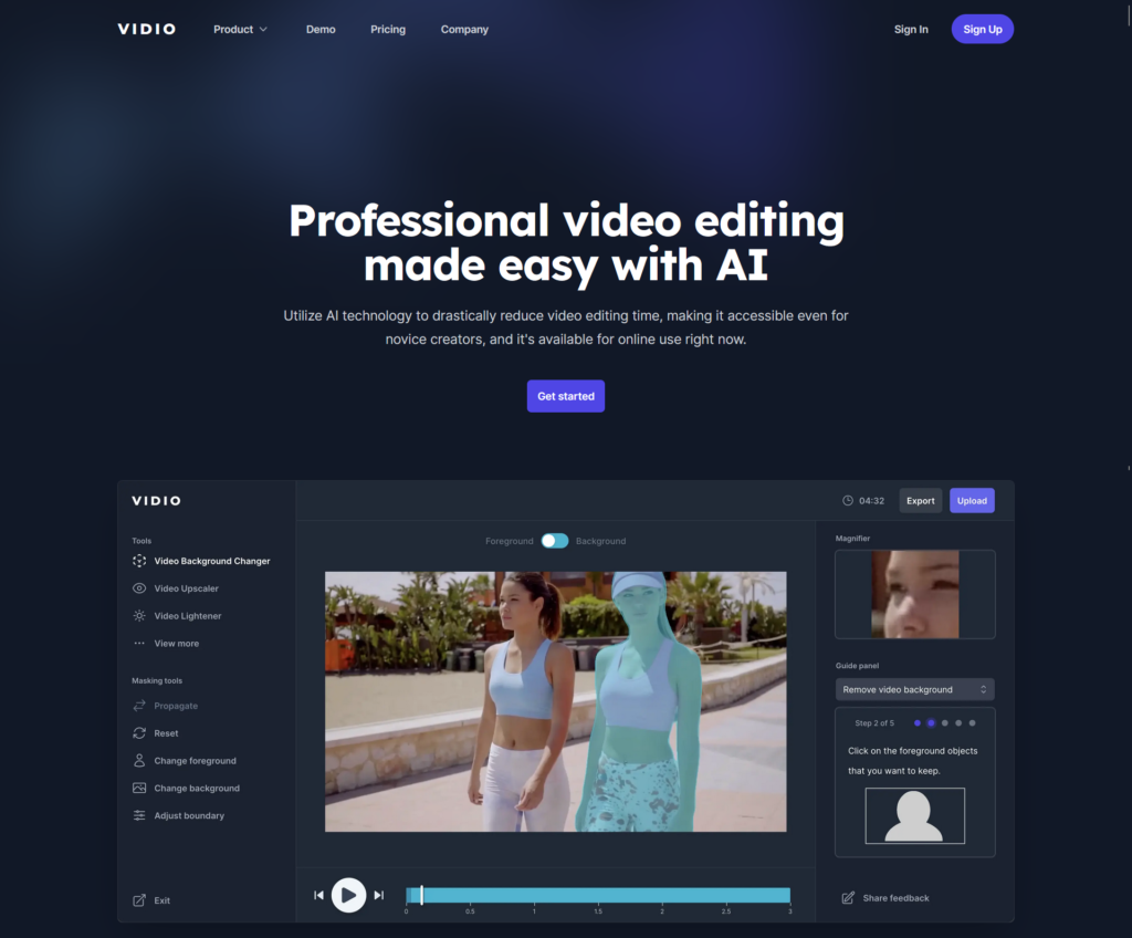 Vidio.ai landing page hero section.