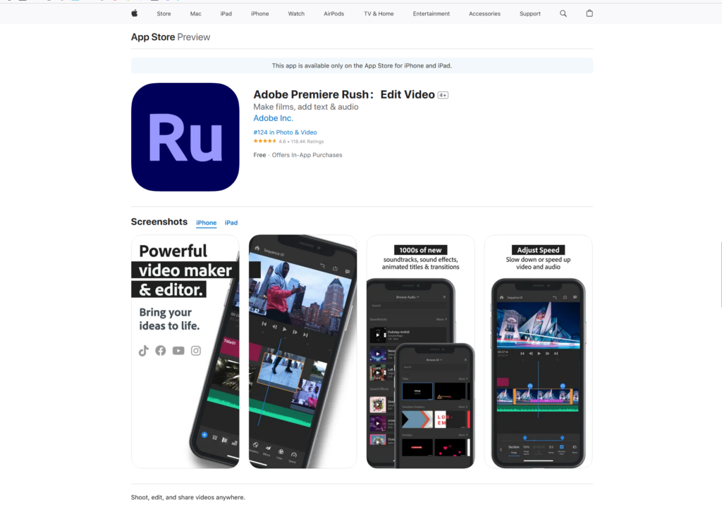 Adobe Premiere Rush iSO AI video editing app on Apple App Store