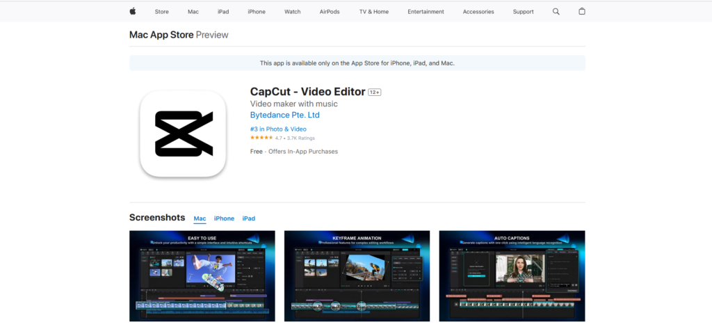 Capcut iSO AI video editing app on Apple App Store