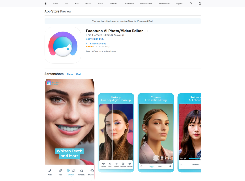 Facetune iSO AI video editing app on Apple App Store