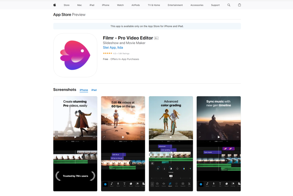 Filmr iSO AI video editing app on Apple App Store