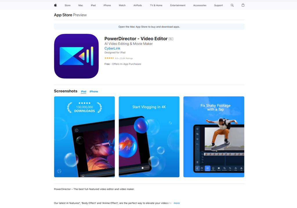 PowerDirector iSO AI video editing app on Apple App Store