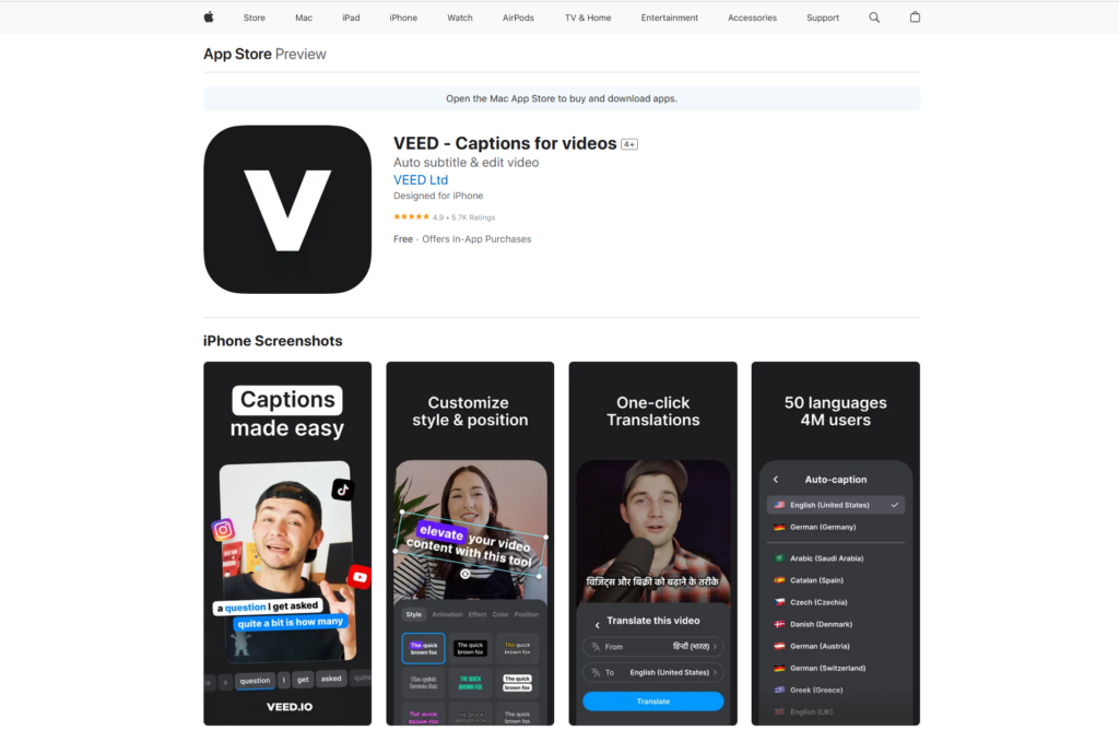 VEED AI video editing iSO app on Apple App Store 