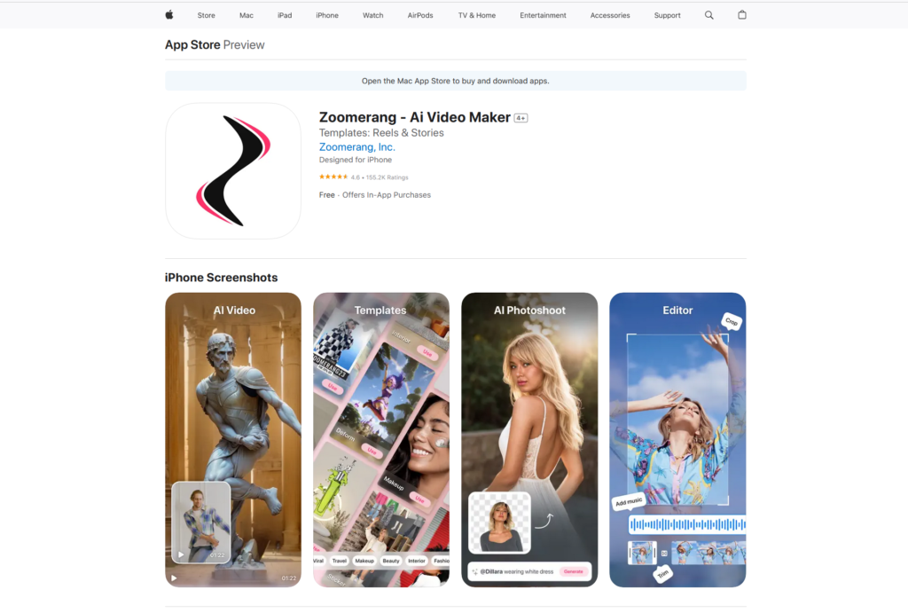 Zoomerang iSO AI video editing app on Apple App Store