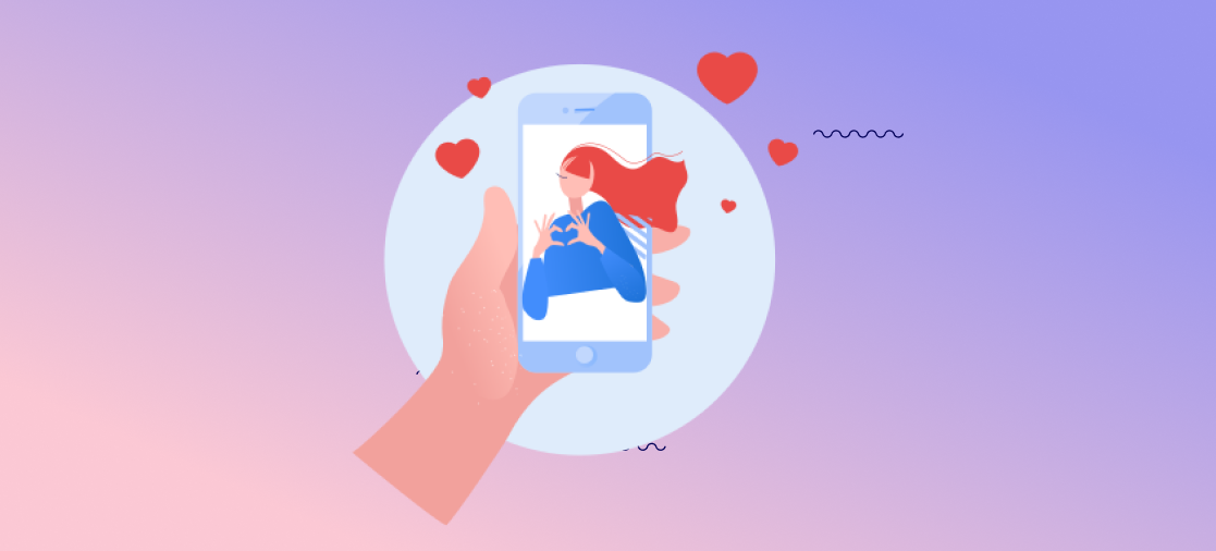 Illustration of girlfriend on phone with heart icons.